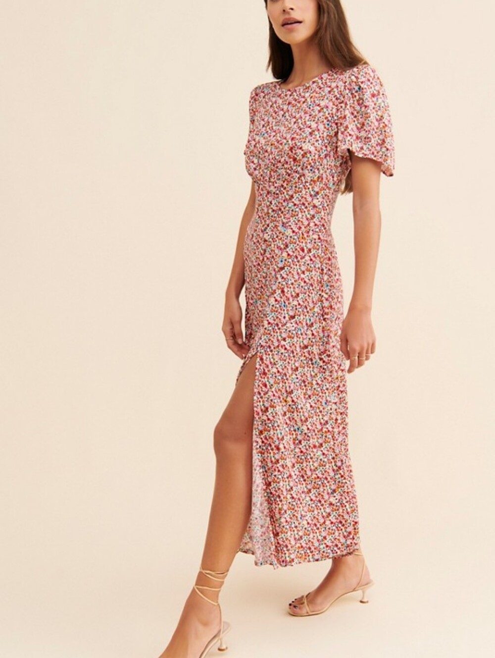 AFRM Jamie Print Open Back Short Sleeve Dress Red Ditsy Floral Motif